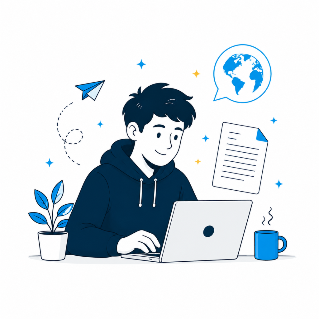 رسم لشاب يكتب على حاسوبه، تحيط به رموز تعبر عن نشر المحتوى ومشاركته عبر الإنترنت.