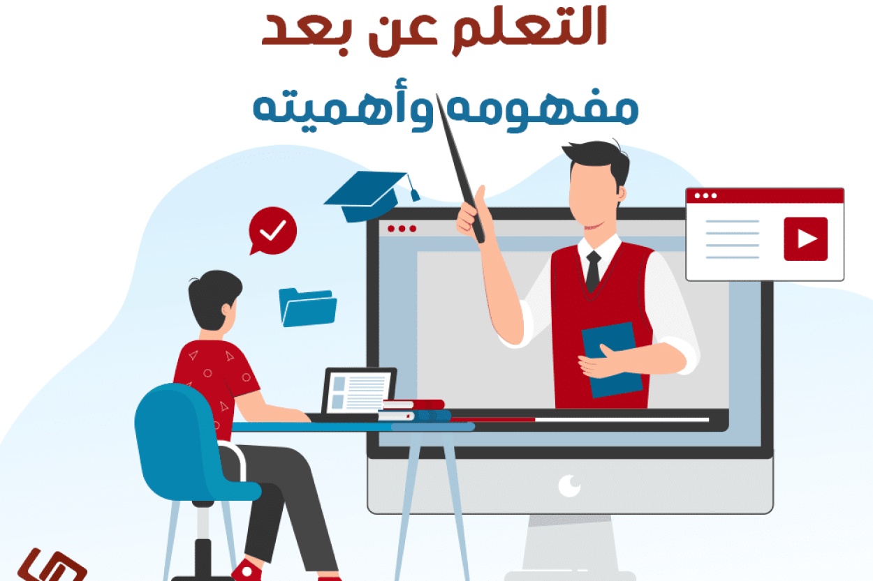 التعلم عن بعد مفهومه وأهميته وصورة لطالب يجلس على طاولة درلسية وشاشة كبيرة أمامه يظهر فيها معلم يقوم بشرح درس ما